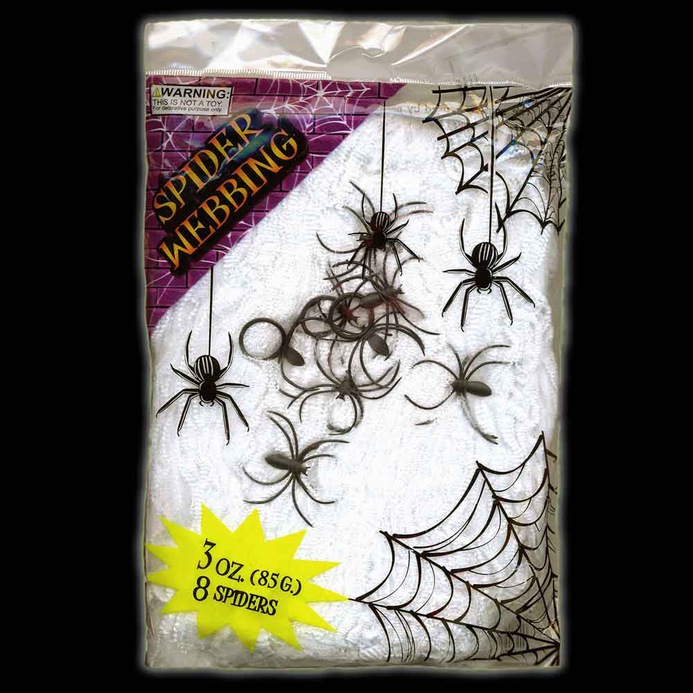 3oz 85g of Decorative Halloween Spider Webbing with 8 Black Spiders