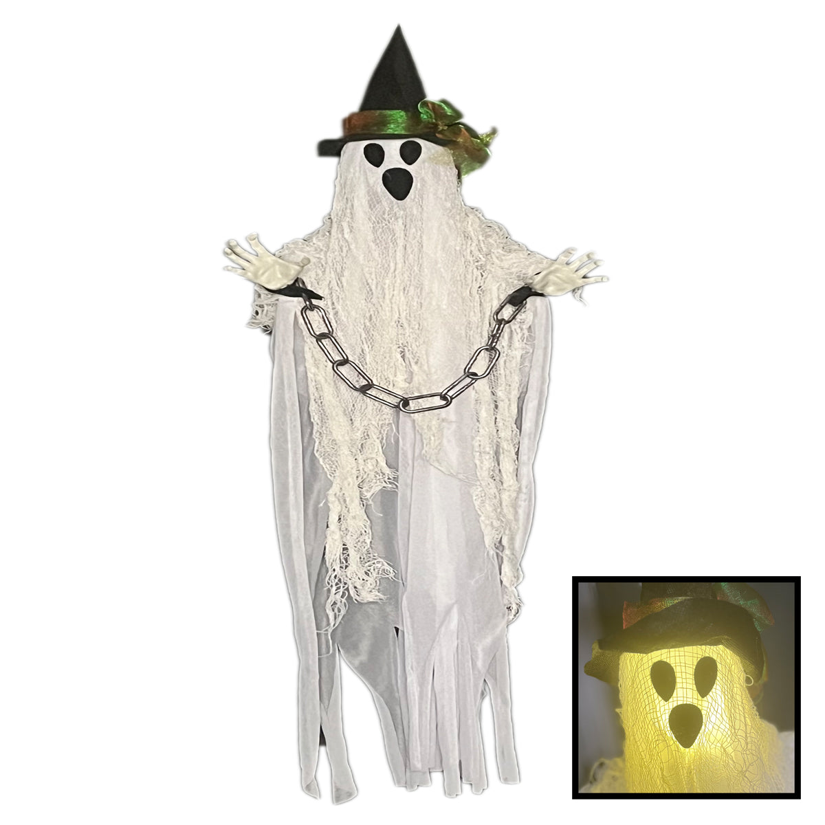 Light Up Halloween Ghost Hanging Decoration with Hat & Chains - 31"