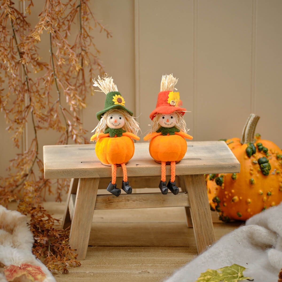 Harvest Polyester Scarecrow Shelf Sitter with Pumpkin Body