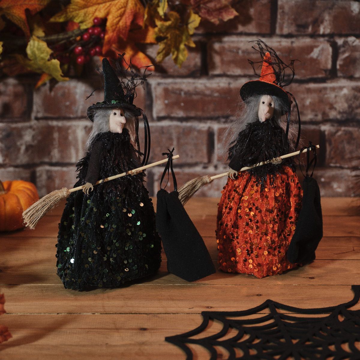 Spooktacular Sequin Orange & Black Hanging Witch with Broom & Bag
