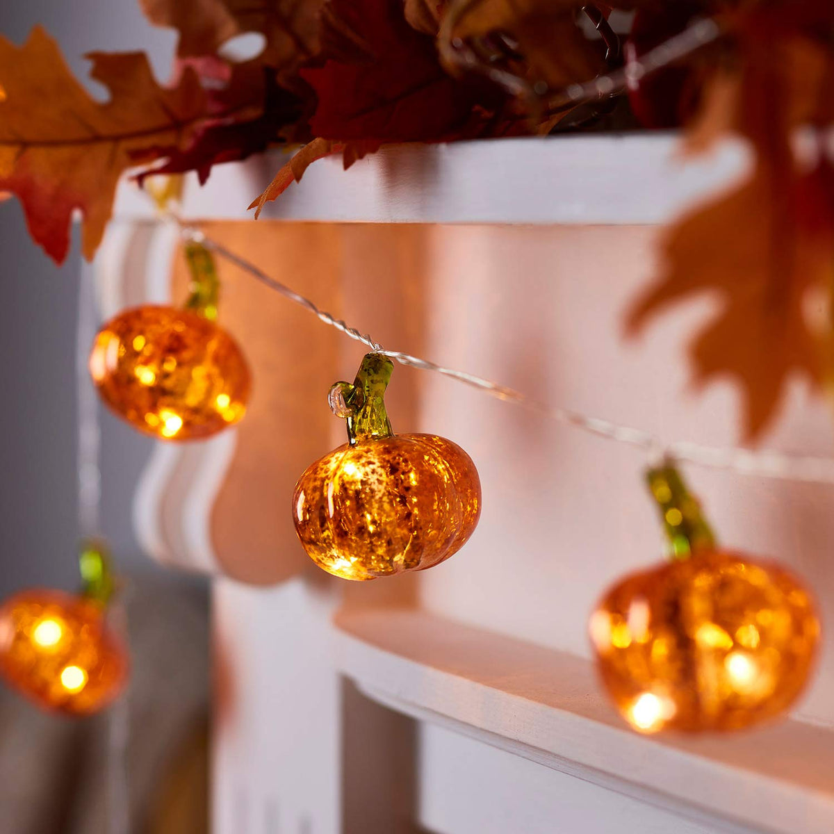 Set of 10 Glass Light Up Pumpkins on Wire