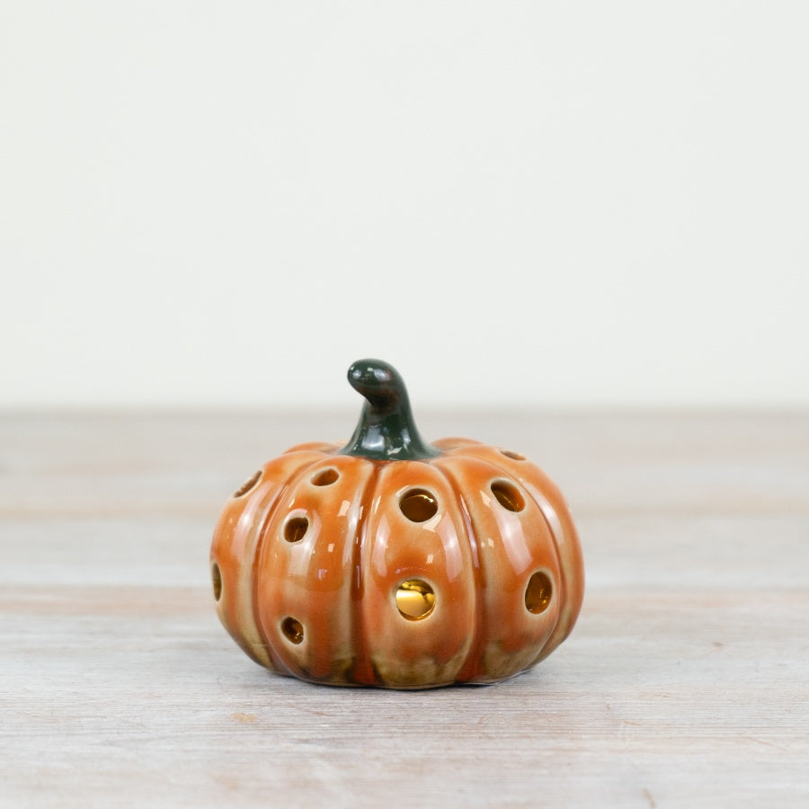 Halloween Ceramic Light Up Small 8cm Pumpkin Ornament Orange with Green Stalk & Holes