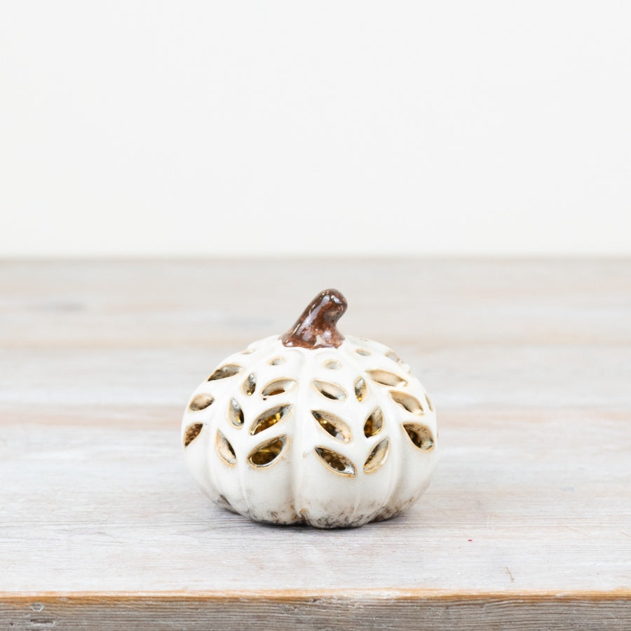 Light Up Patterned Small White Pumpkin Ornament - 8.8cm