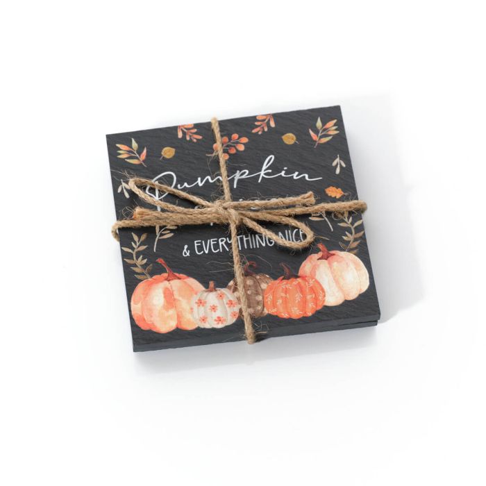 Harvest Pumpkin Set of 2 Slate Coasters Tied with String