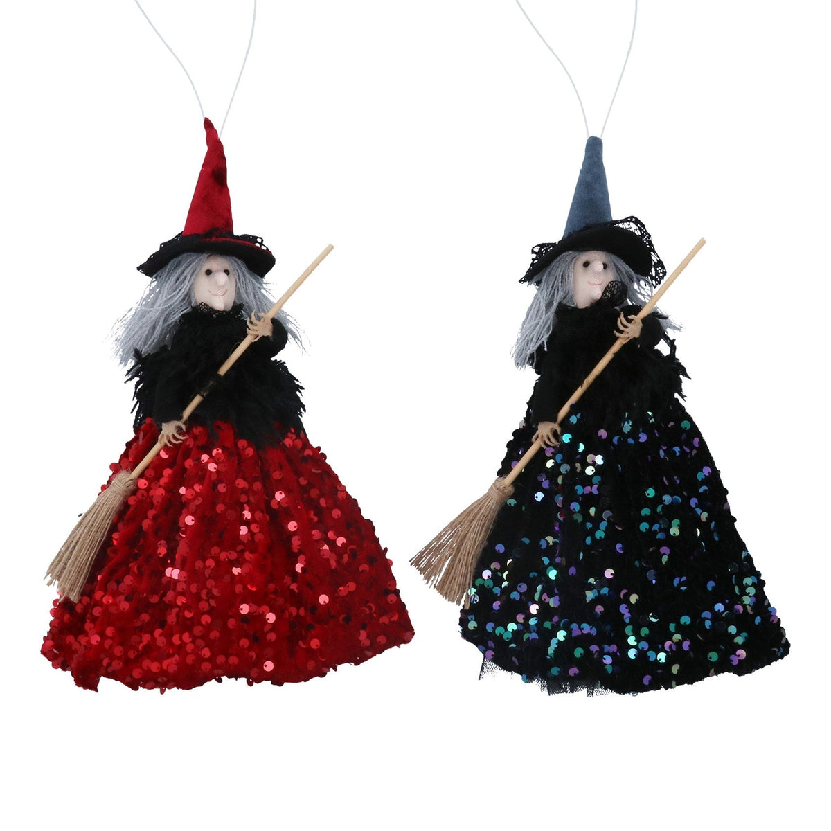 Gisela Graham Sequin Red or Blue Hanging Witch with Broom - 30cm