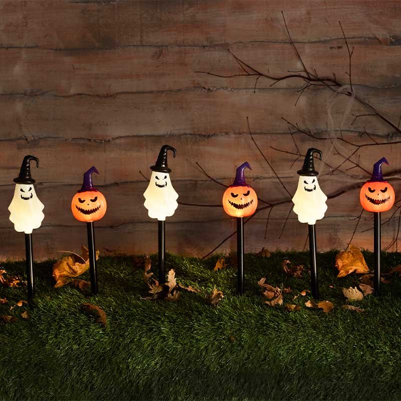 6 Spook Halloween Ghost & Pumpkin Garden Stake Lights