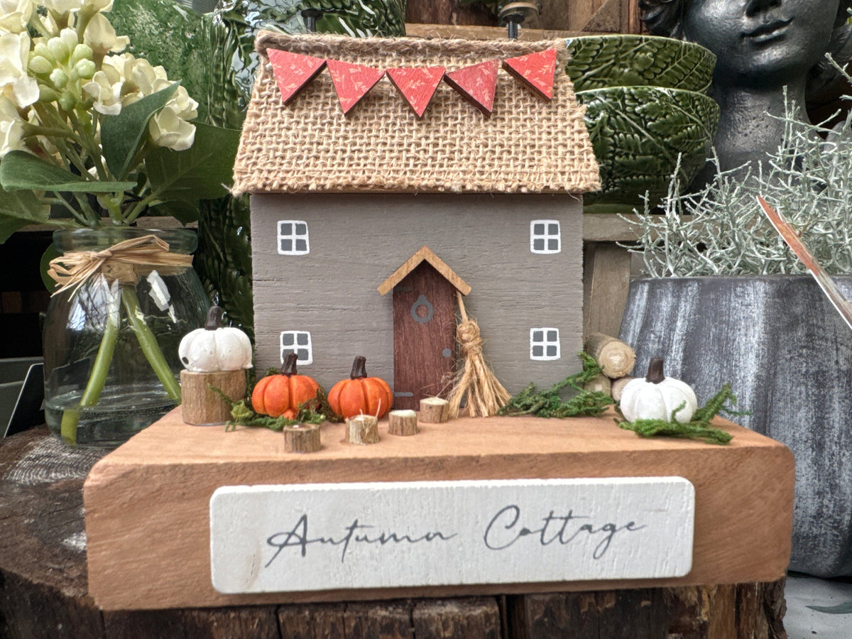 Harvest Home Autumn Cottage Wood House Block with Pumpkins
