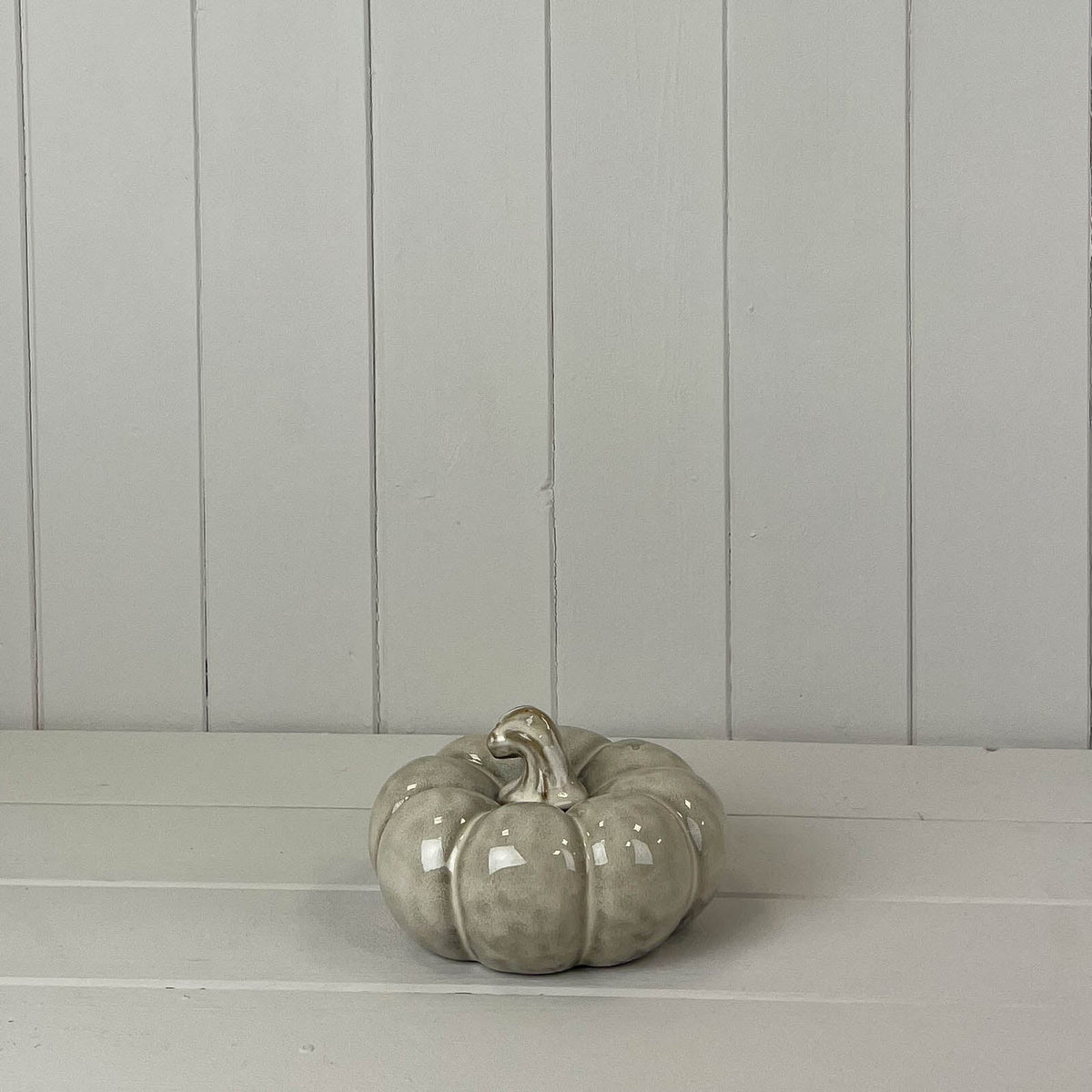 Short Grey Beige Mottle Ceramic Pumpkin Decoration - 8cm