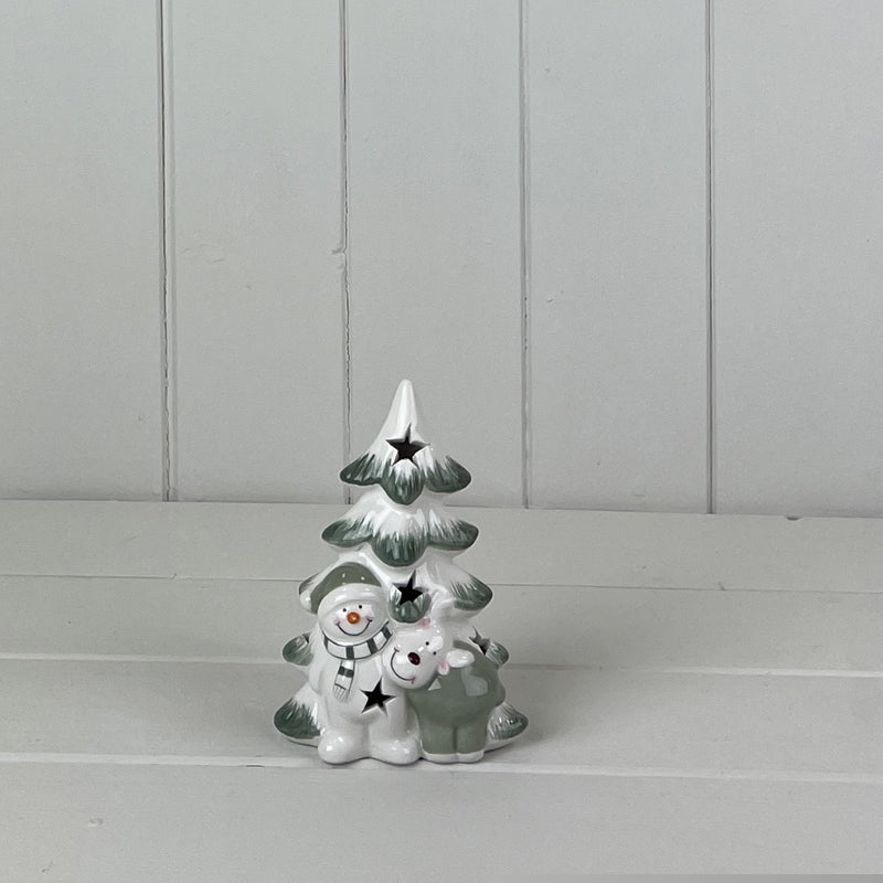 Green and White Ceramic Tree with Snowman and Reindeer Decoration with LED - 13cm