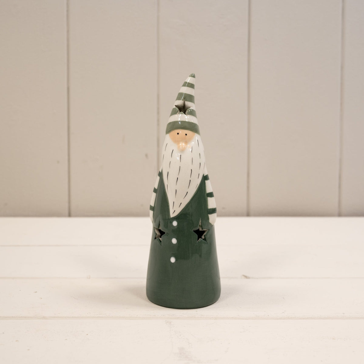 Dark Green and White Ceramic Gonk Decoration with LED - 16.5cm