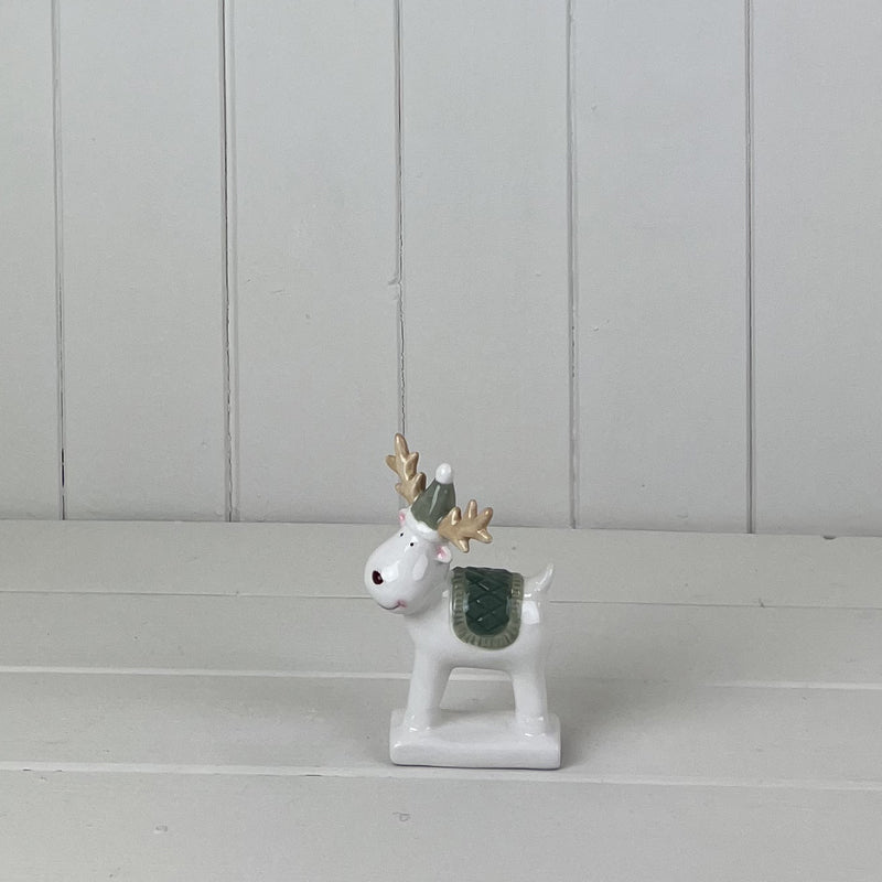 Dark Green and White Ceramic Reindeer Decoration - 12cm