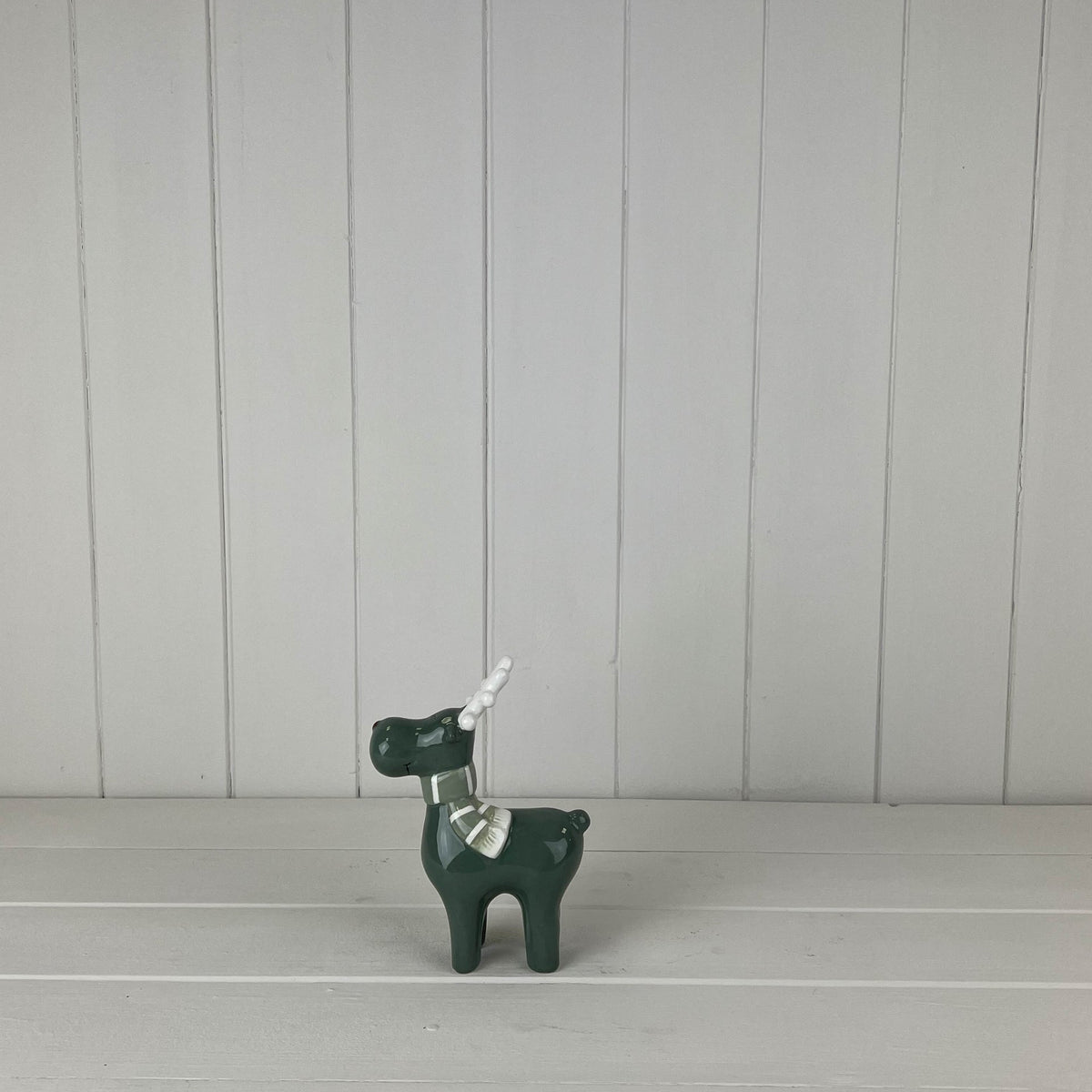 Dark Green and White Ceramic Reindeer Decoration - 14.9cm