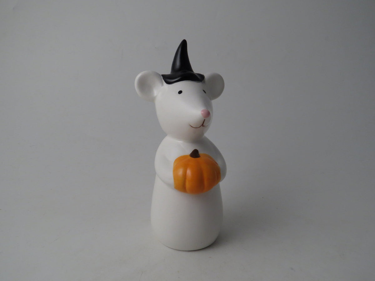 Halloween Ceramic Mouse Ornament with Pumpkin & Witches Hat - 12.9cm