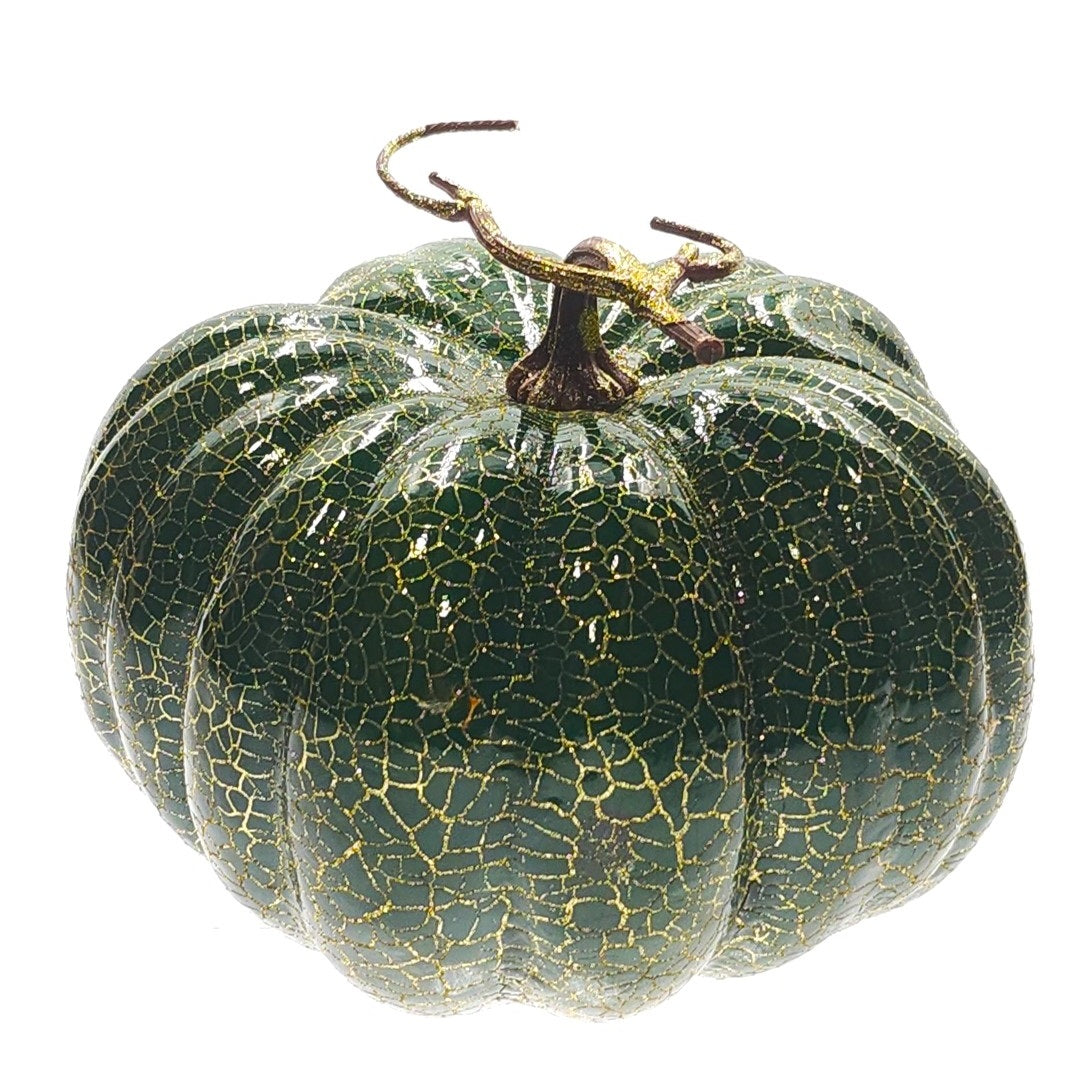 Large Green Crackle Pumpkin with Glitter Stalk - 25cm