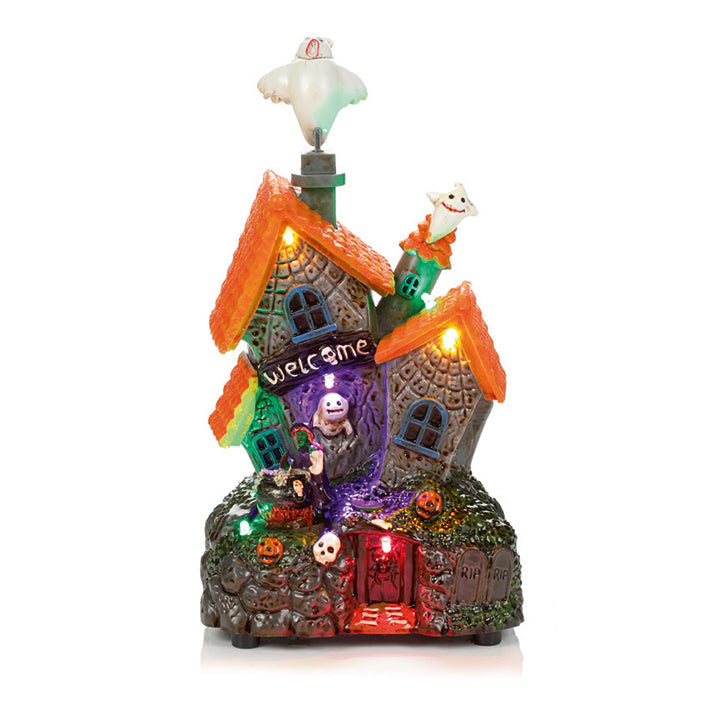 Premier Animated Musical Haunted Halloween House Village Scene with Flying Ghost