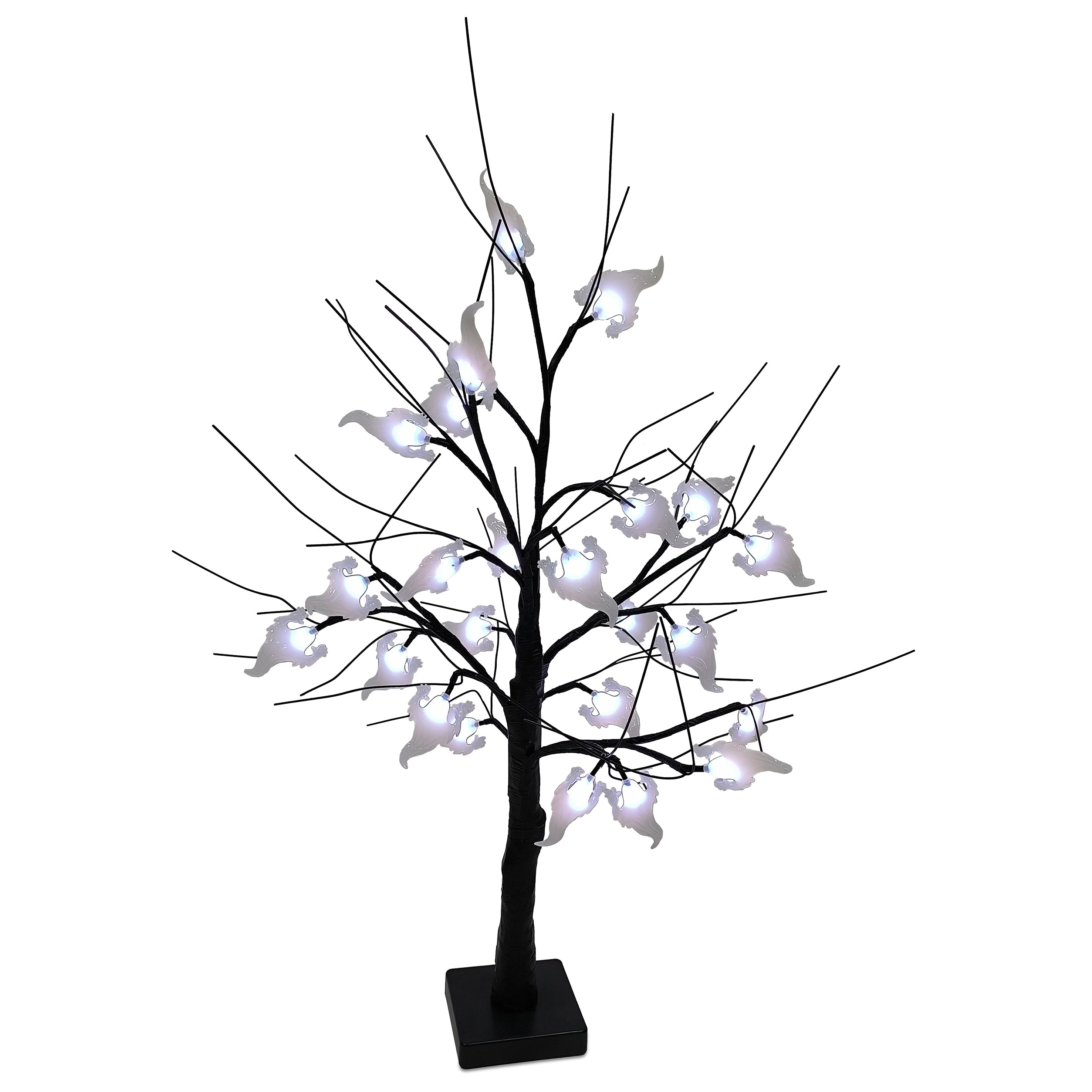 Halloween Lit Black Twig Tree with Ghosts and 24 Battery Operated White LEDs and Timer 60cm