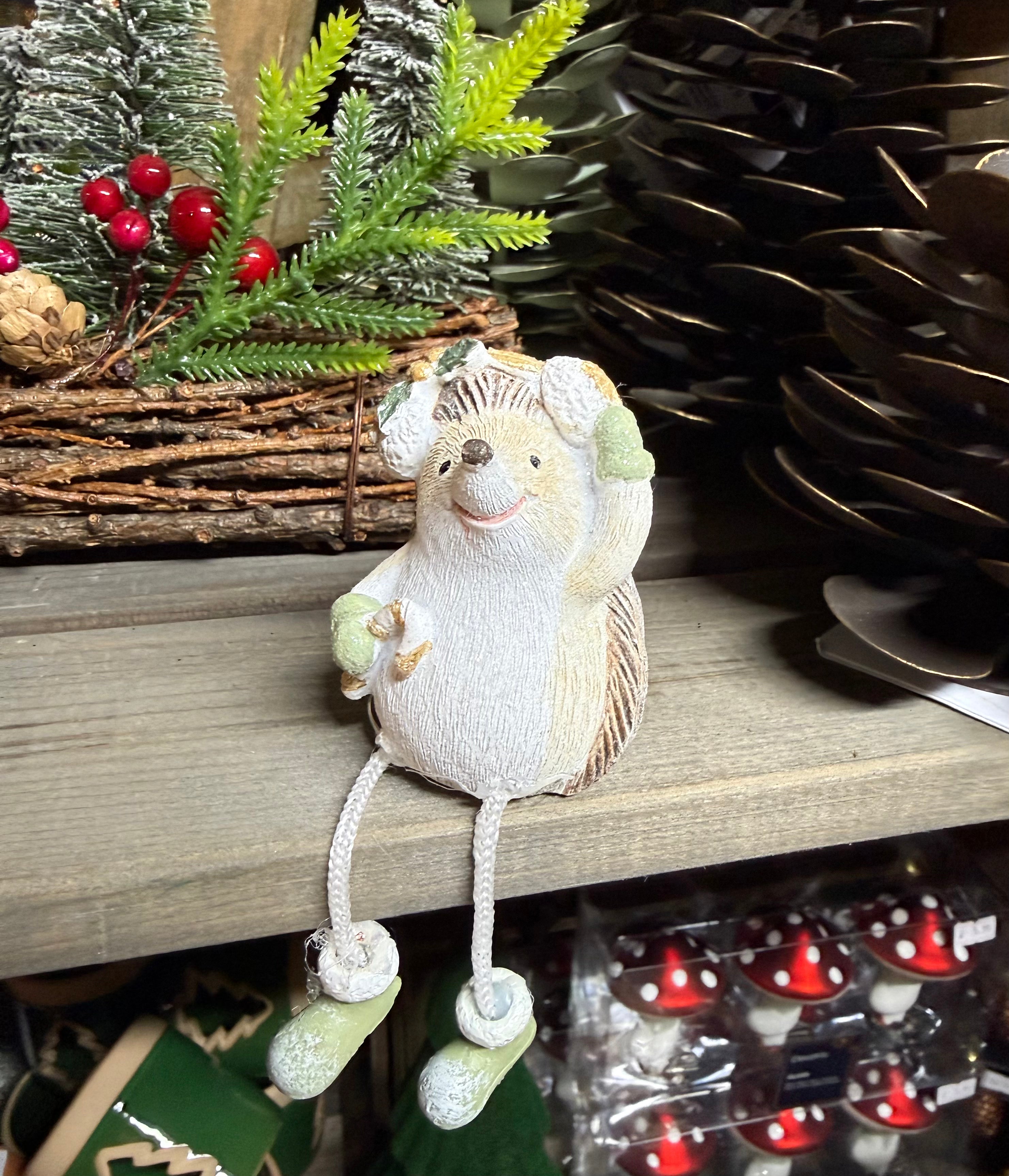 Sage Green Snowy Hedgehog Ornament with Dangly Legs