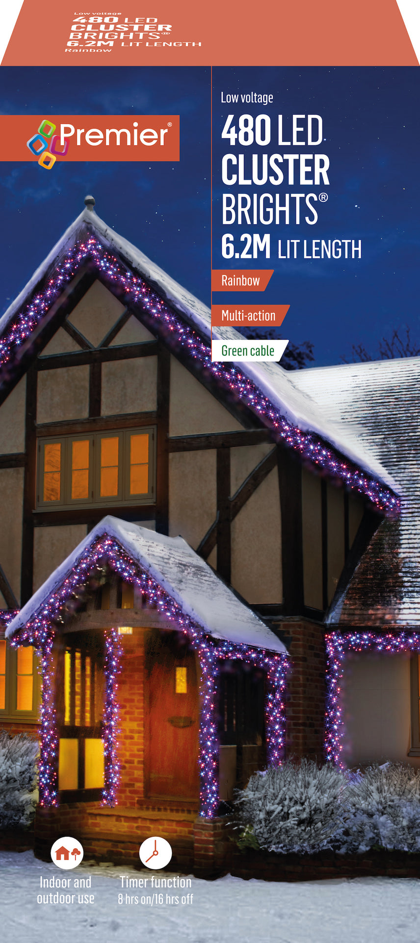 Premier - Rainbow - Purple, Pink, Turquoise & Orange LED Multi Action Christmas Cluster Lights Cluster Brights