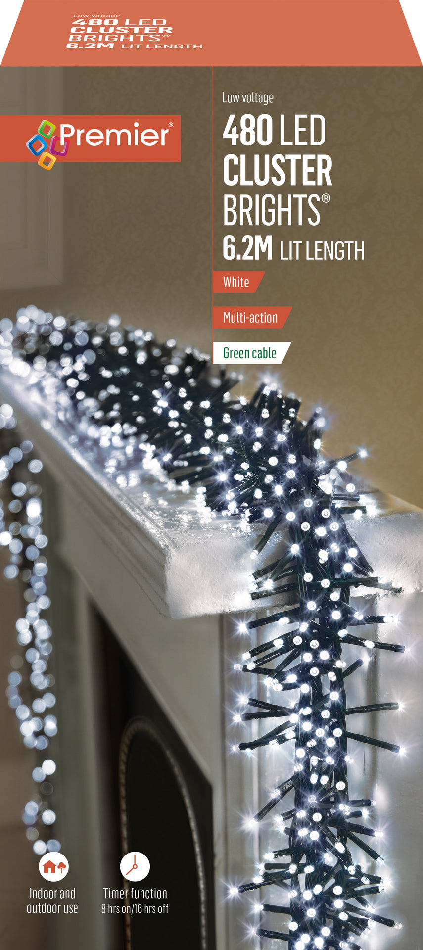 Premier - Cold / Cool White LED Multi Action Christmas Cluster Lights ClusterBrights Green Cable