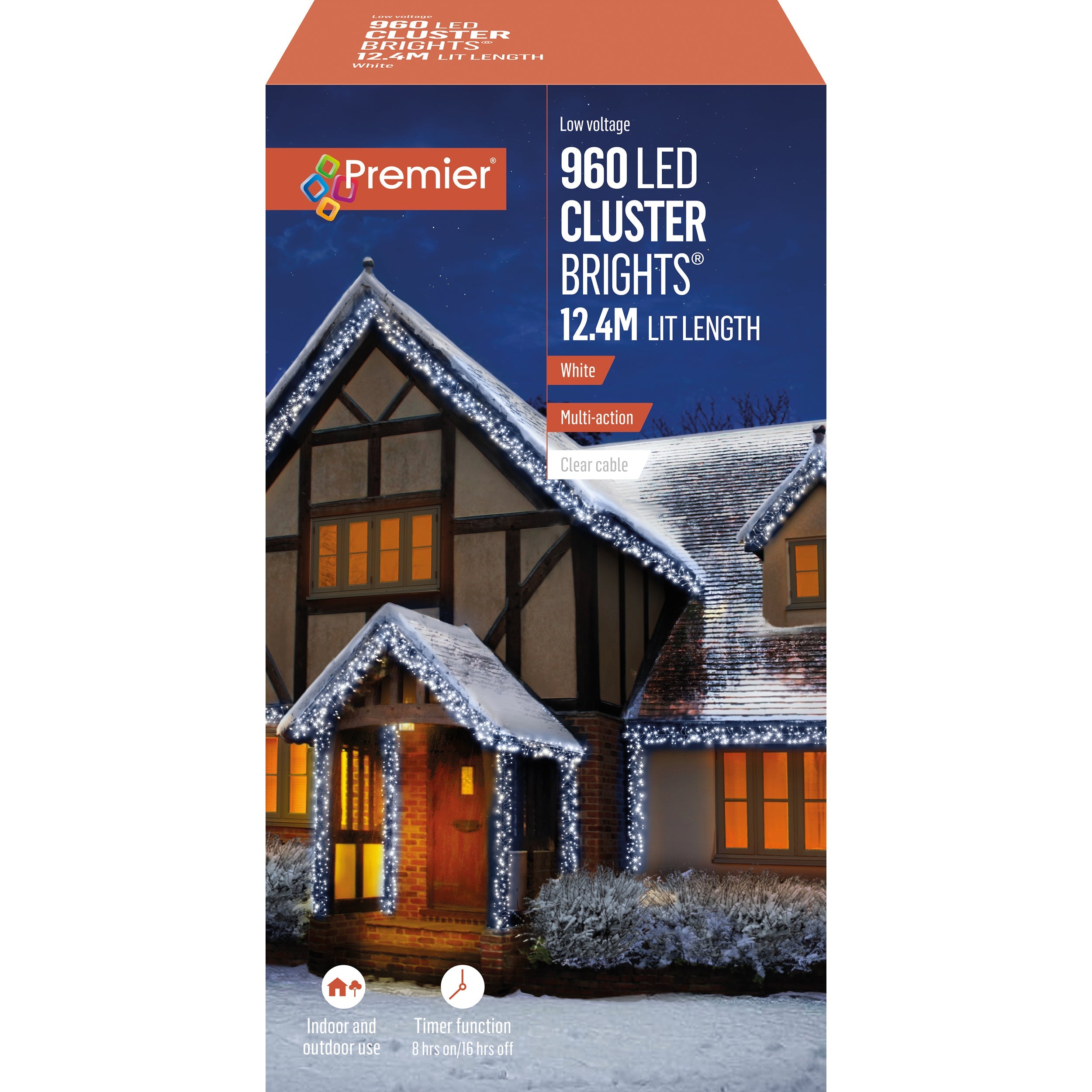Premier Cool / Cold White LED Multi Action Christmas Cluster Lights Cluster Brights Clear Cable