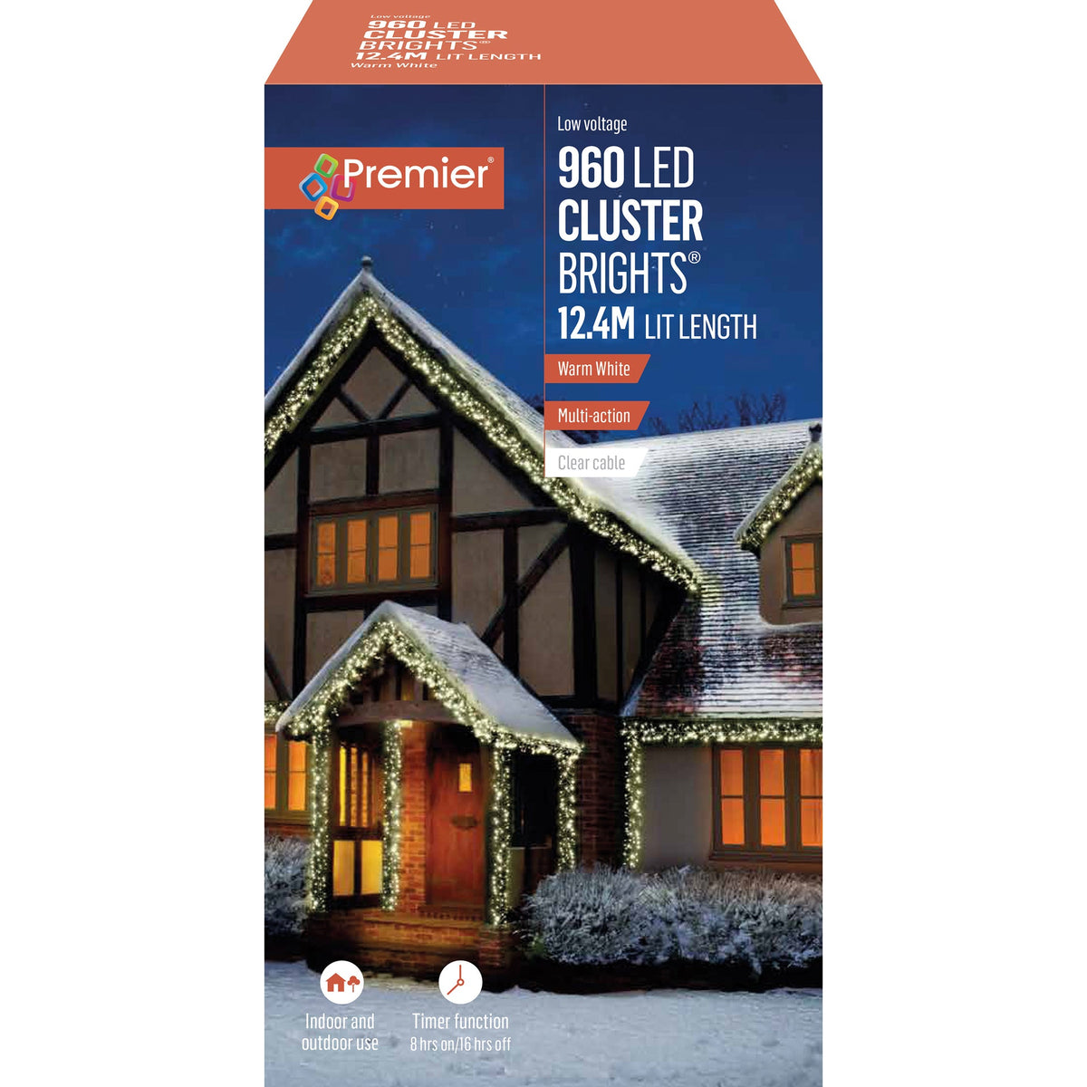 Premier Warm White LED Multi Action Christmas Cluster Lights Cluster Brights Clear Cable