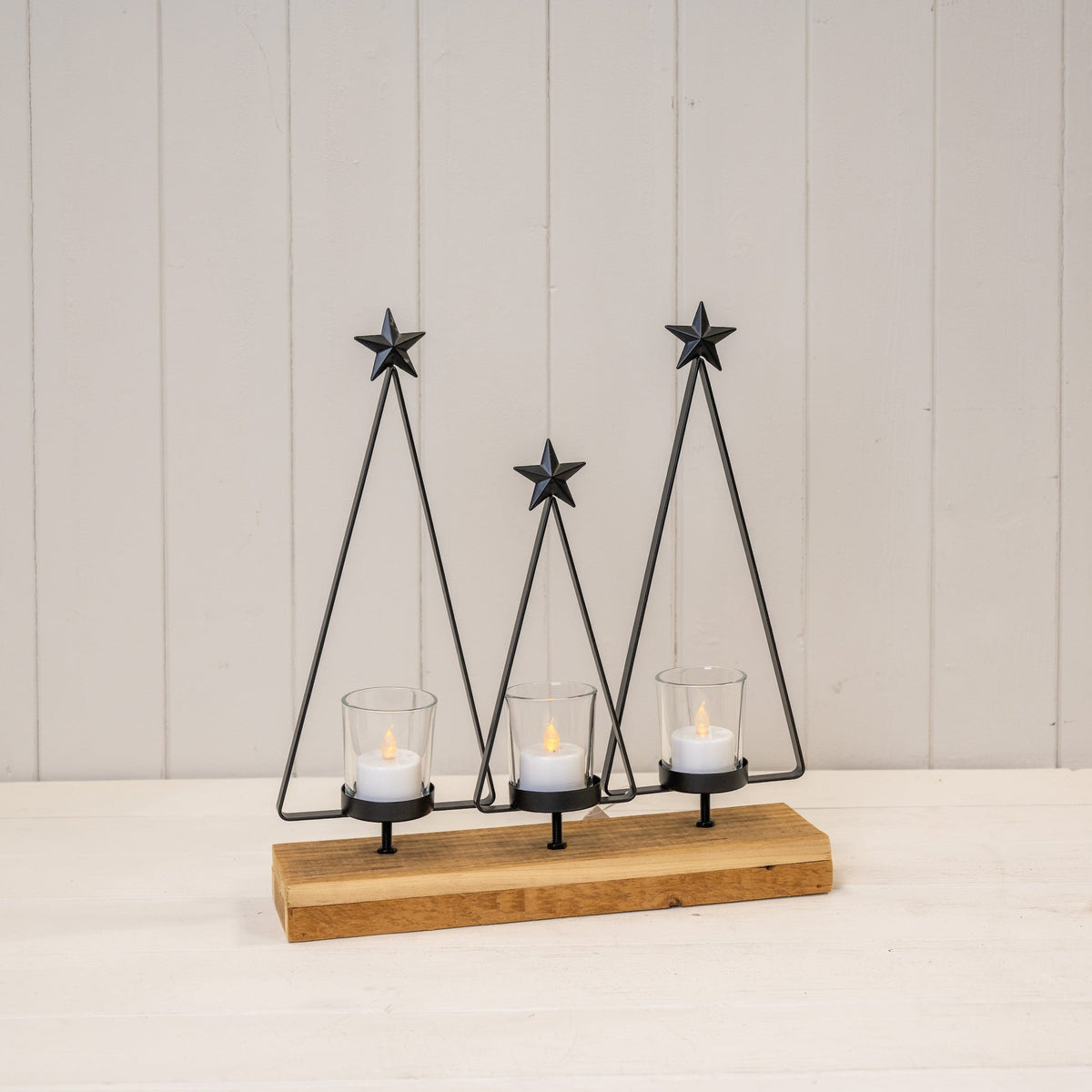 Black Metal Triple Tree Tea Light Holder on Wooden Base