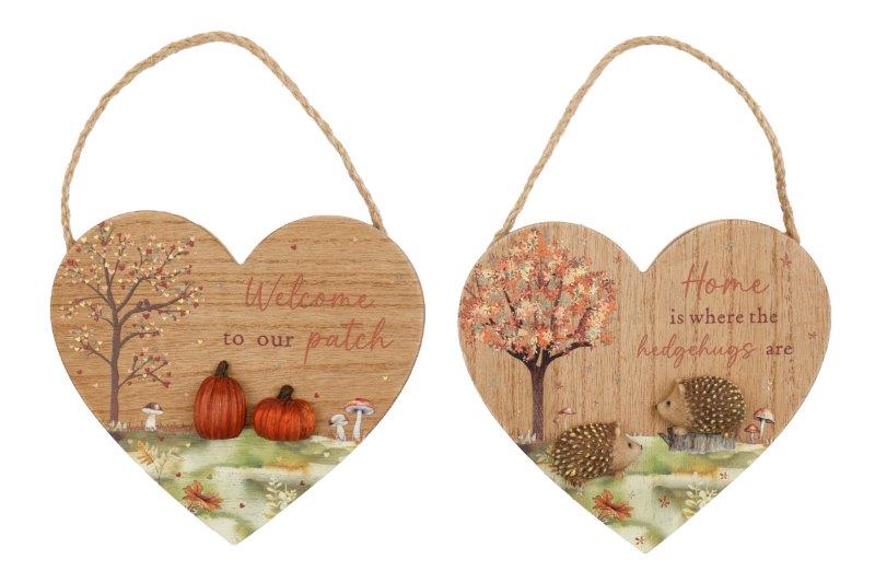 Autumnal Wooden Heart Hanging Plaque Ornament 16cm Hedgehog or Pumpkin