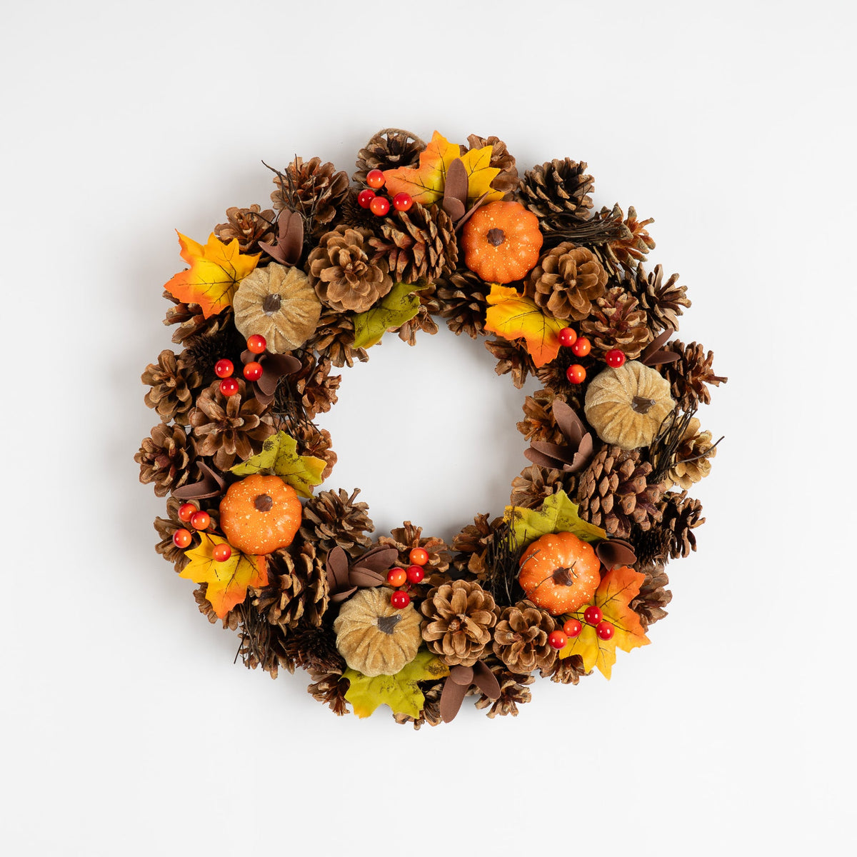 Large Mini Autumn Pumpkin Wreath with Foliage & Pinecones - 36cm