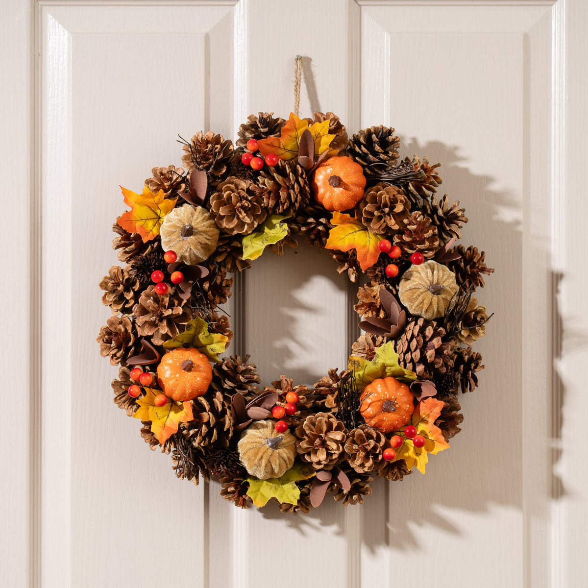 X-Large Mini Autumn Pumpkin Wreath with Foliage & Pinecones - 41cm