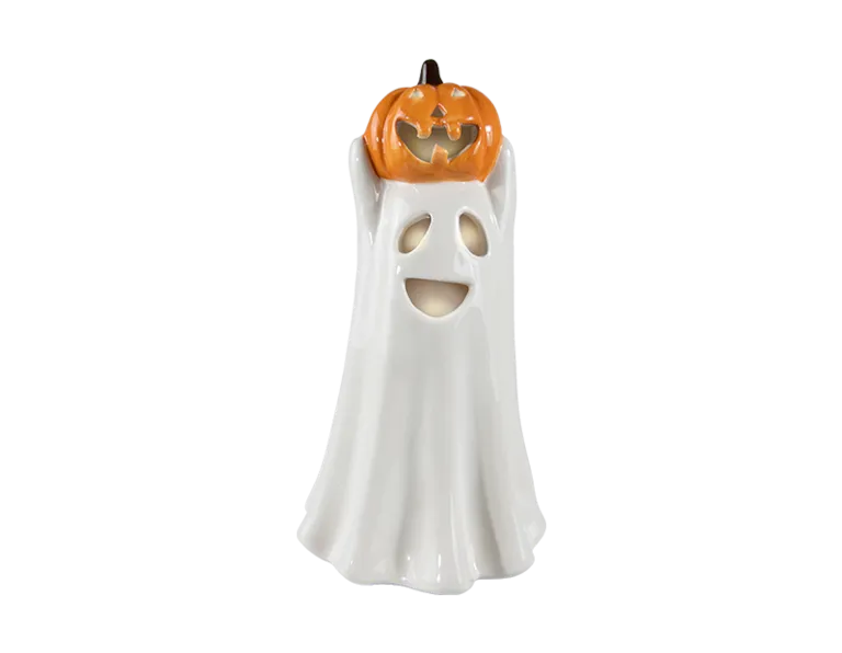Halloween LED Ceramic Ghost with Pumpkin - 22.5cm