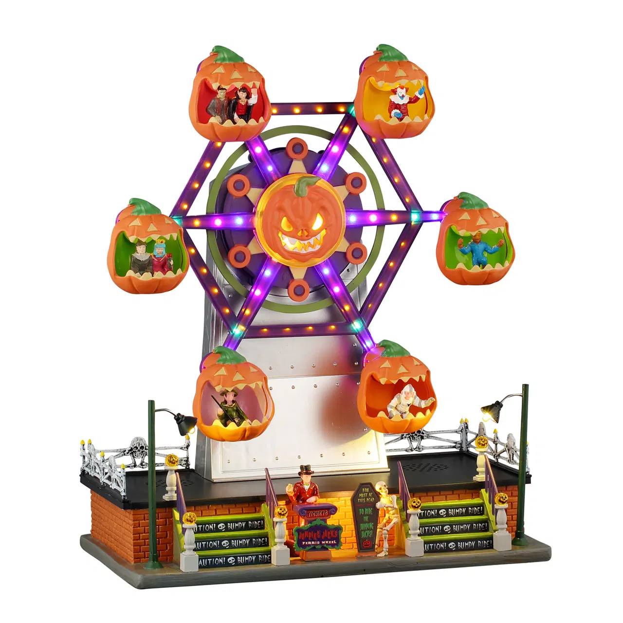 Halloween-themed miniature ferris wheel with pumpkin carvings and lights on a white background