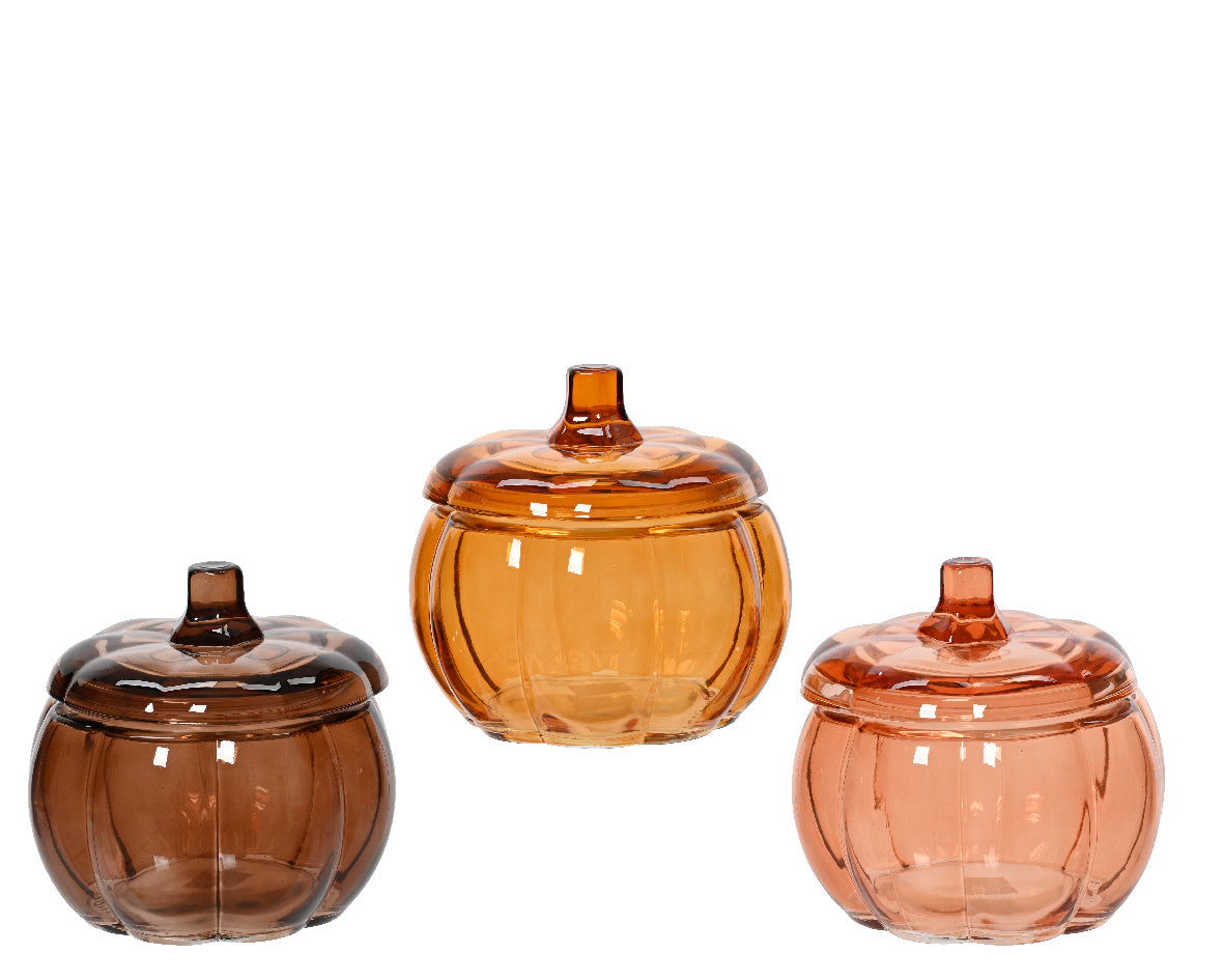 Large Glass Pumpkin Jar with Removable Lid - Tea light Holder Trinket Pot 12cm