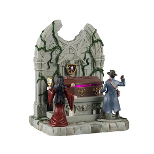Decorative scene with a tombstone, candles, and two figures on a white background