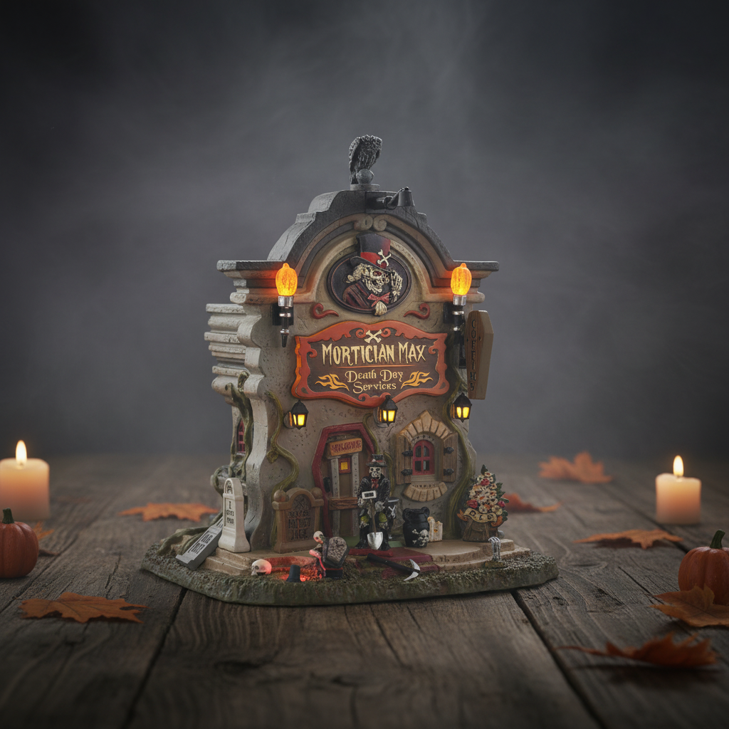 Halloween-themed decorative building with candles and pumpkins on a dark background