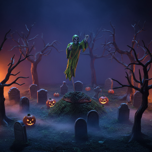 Halloween scene with a skeleton in green robes standing on a grave in a cemetery.