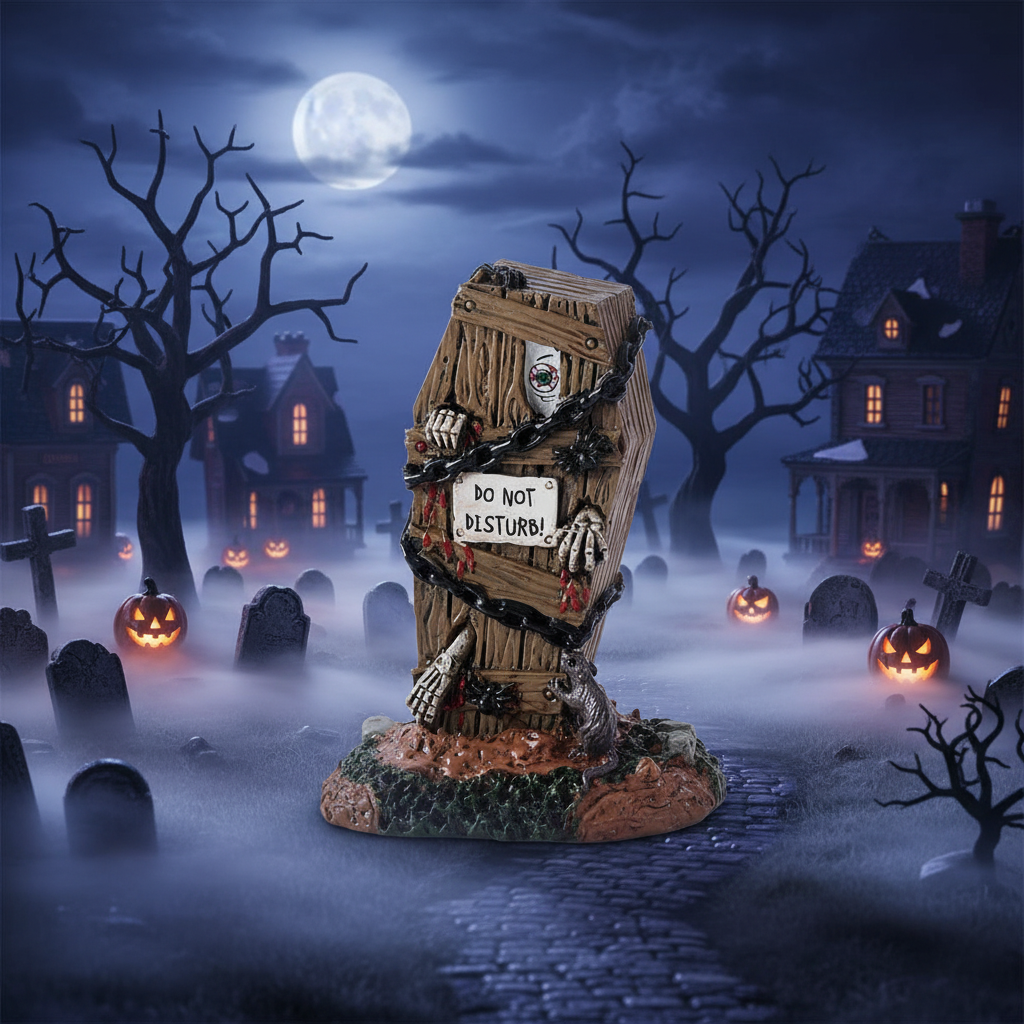 Halloween-themed coffin with skeletons and pumpkins in a graveyard setting