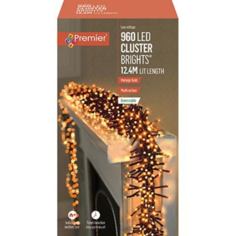 Premier - Vintage Gold LED Multi Action Christmas Cluster Lights Cluster Brights Green Cable