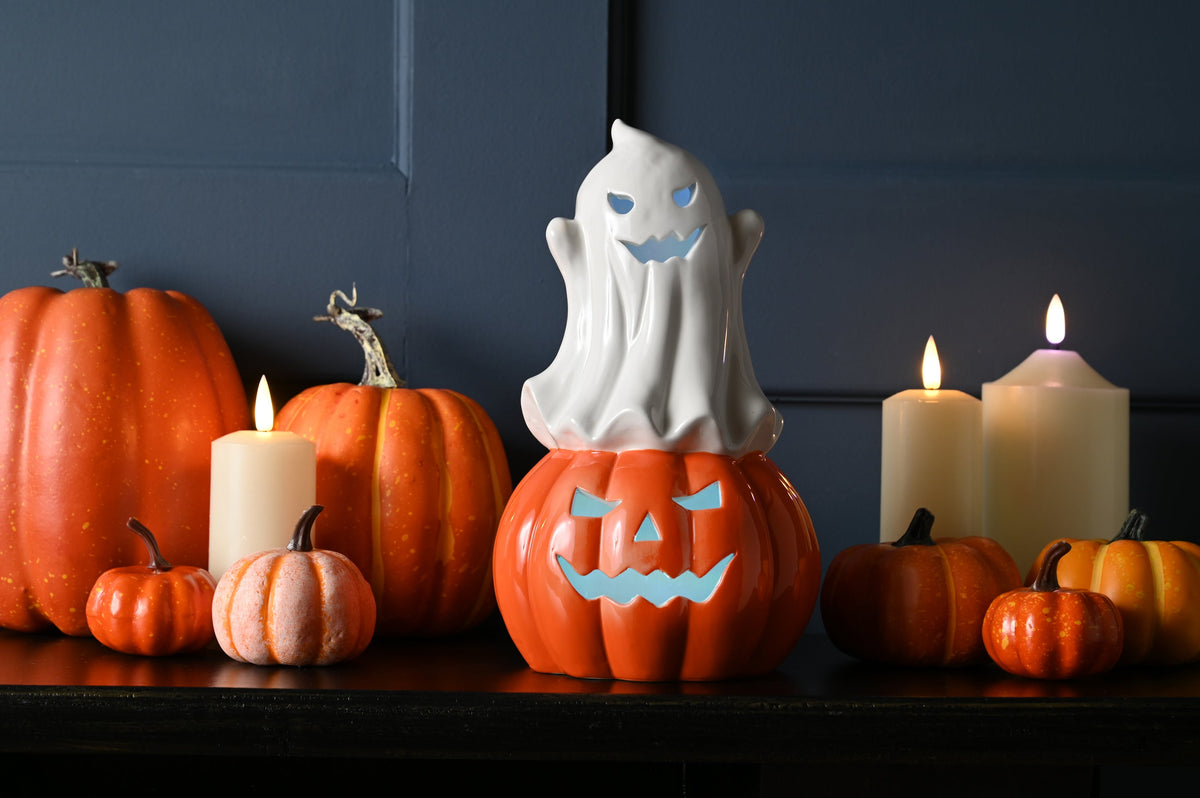 Battery Operated Ceramic Lit Ghost and Pumpkin Table Top Decoration - 24cm