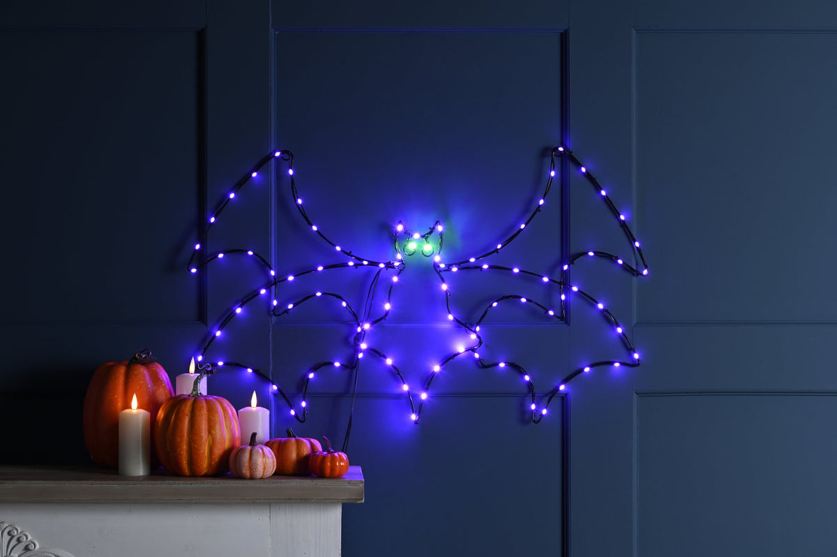 Halloween Purple Flying Bat Metal Frame Wall Decoration with 102 LEDs 60cm