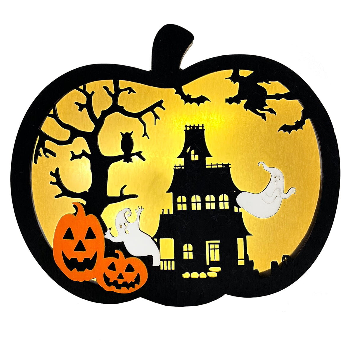Wooden Light Up Pumpkin with Spooky Scene