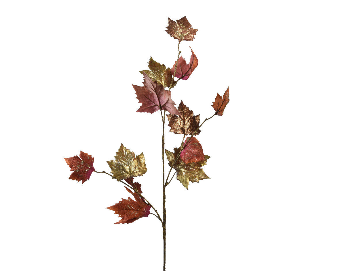 Autumnal Orange and Sparkling Gold Polyester Spray Leaves Pick