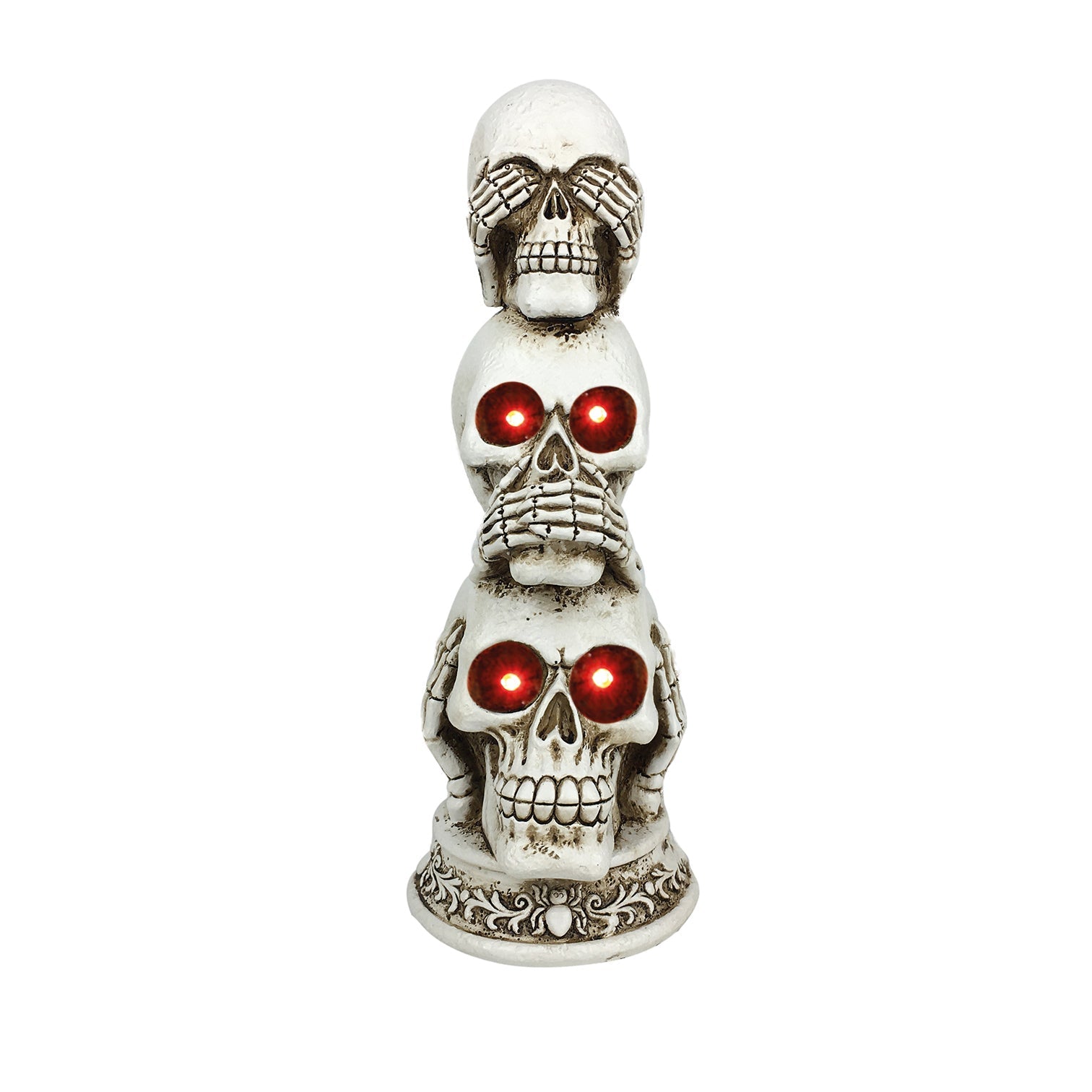 See No, Speak No, Hear No Evil Stack of Skulls with LED Light Up Eyes - 27cm