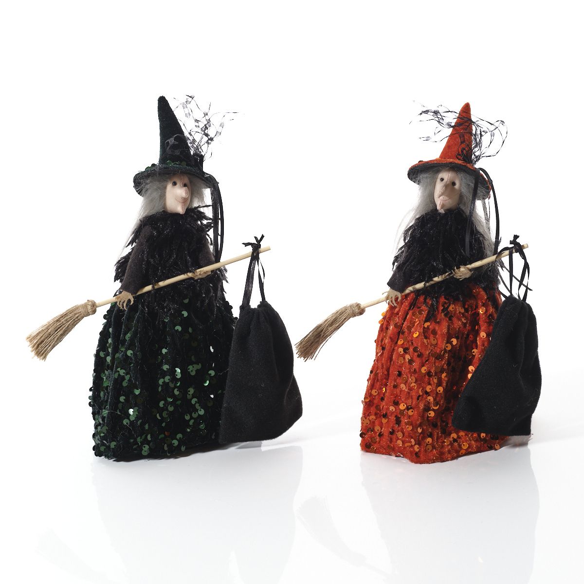 Spooktacular Sequin Orange & Black Hanging Witch with Broom & Bag