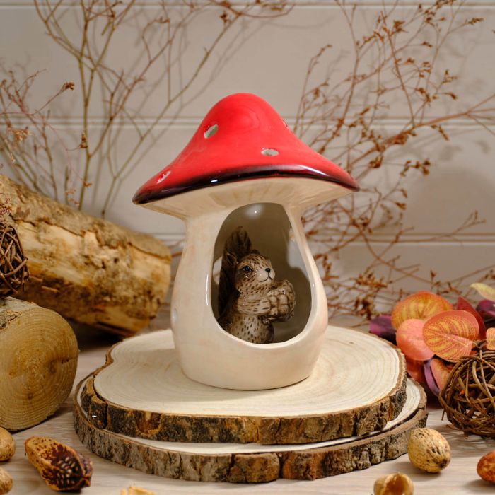 Mushroom Ceramic Ornament With Squirrel Inside