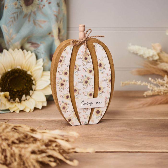 Autumn Pumpkin 'Cosy Up' Block Floral Wood with String Bow