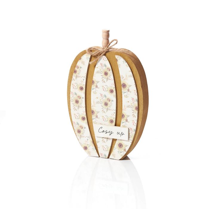 Autumn Pumpkin 'Cosy Up' Block Floral Wood with String Bow