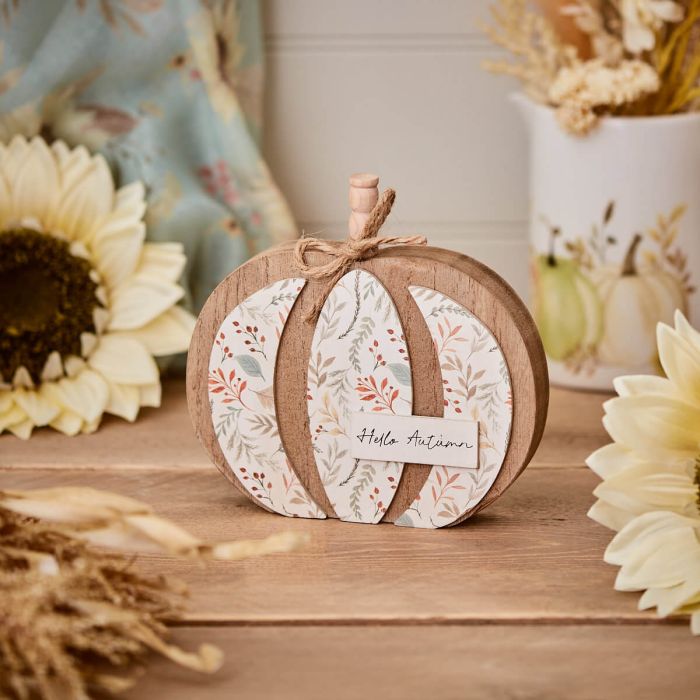 Autumn Pumpkin 'Hello Autumn' Block Floral Wood with String Bow