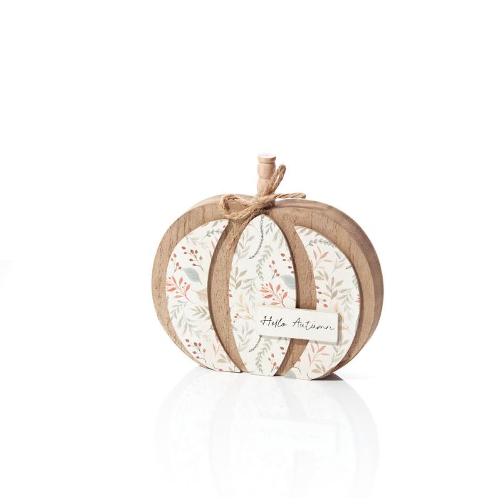 Autumn Pumpkin 'Hello Autumn' Block Floral Wood with String Bow