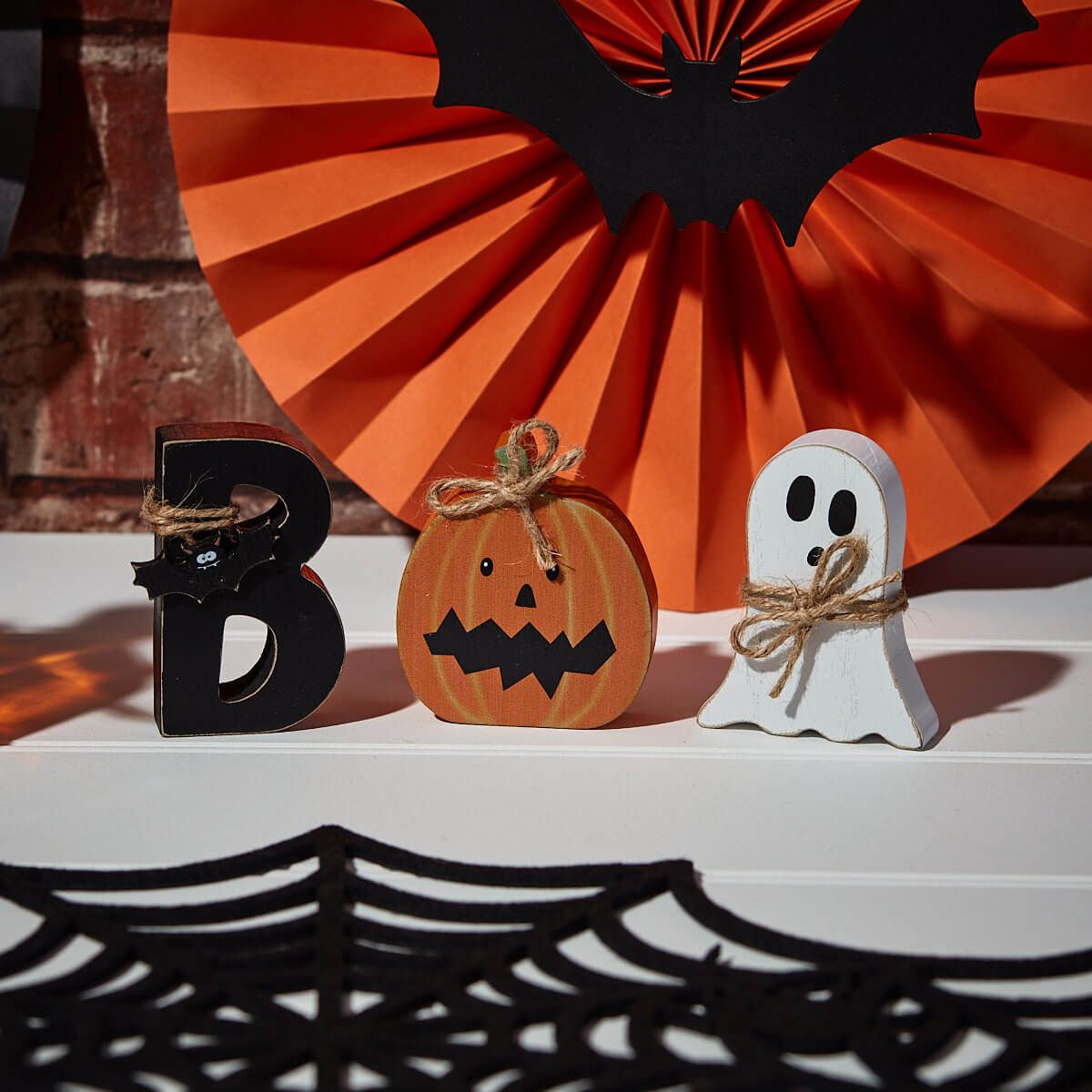 Halloween Boo Character Block Set of 3 Wooden with String Accents Sign