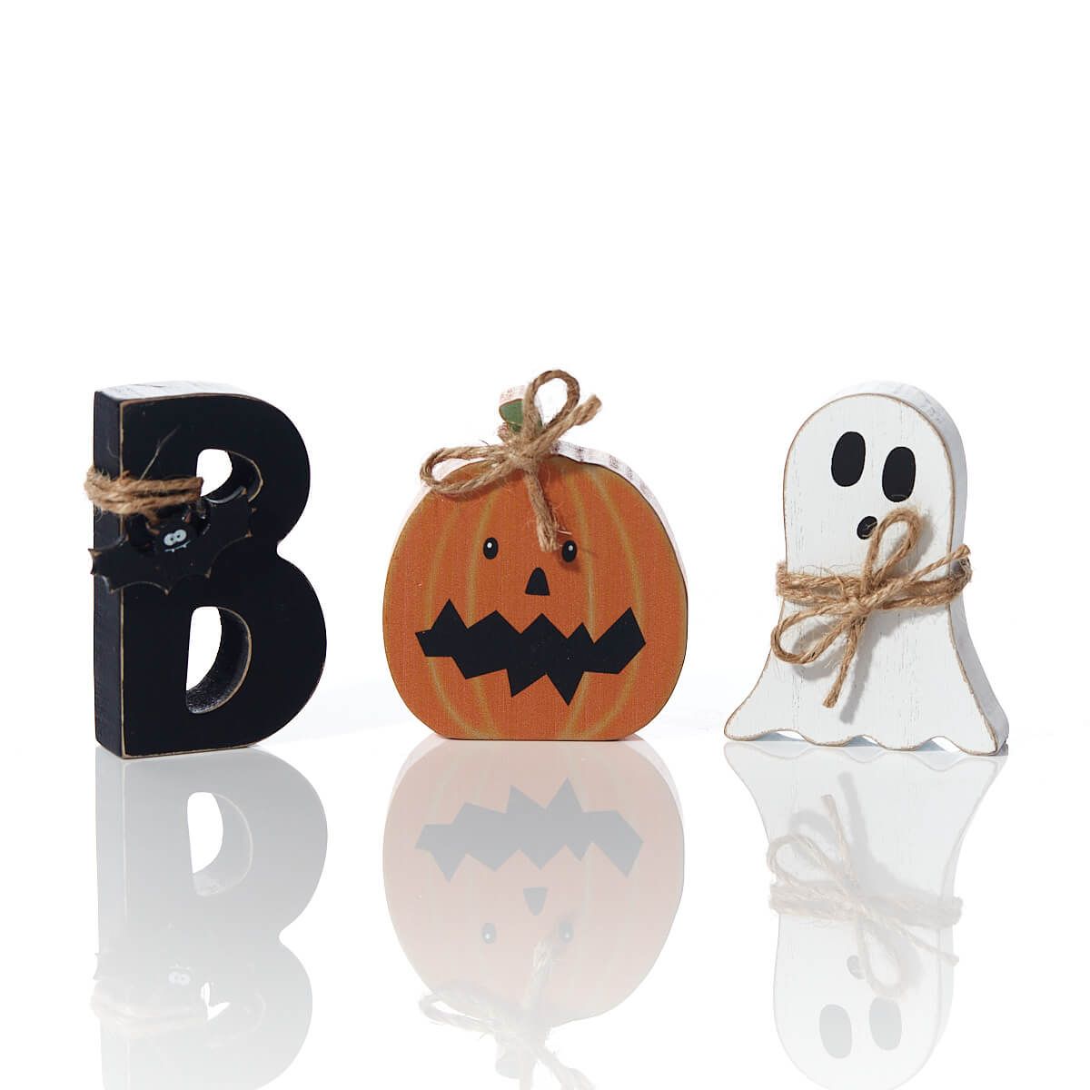 Halloween Boo Character Block Set of 3 Wooden with String Accents Sign